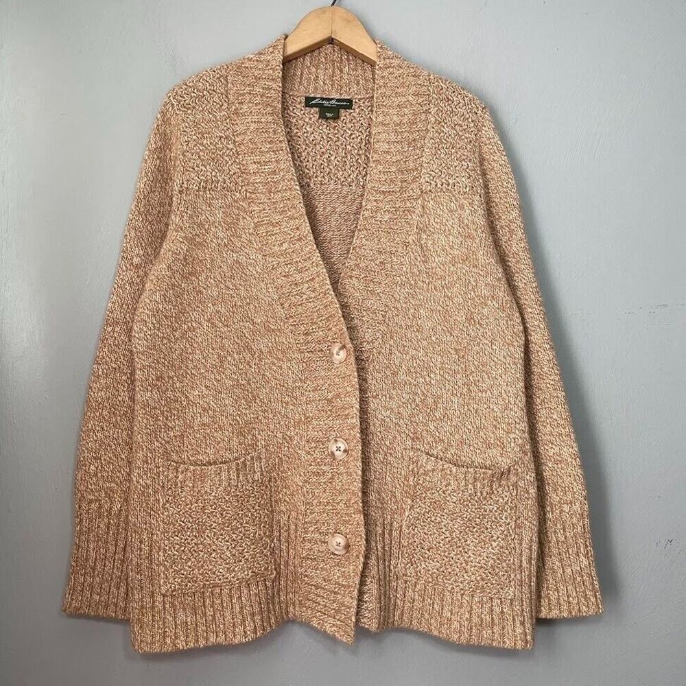 Eddie Bauer Cardigan Size Petite XL Tan Wool Chunky Fisherman Sweater Heritage